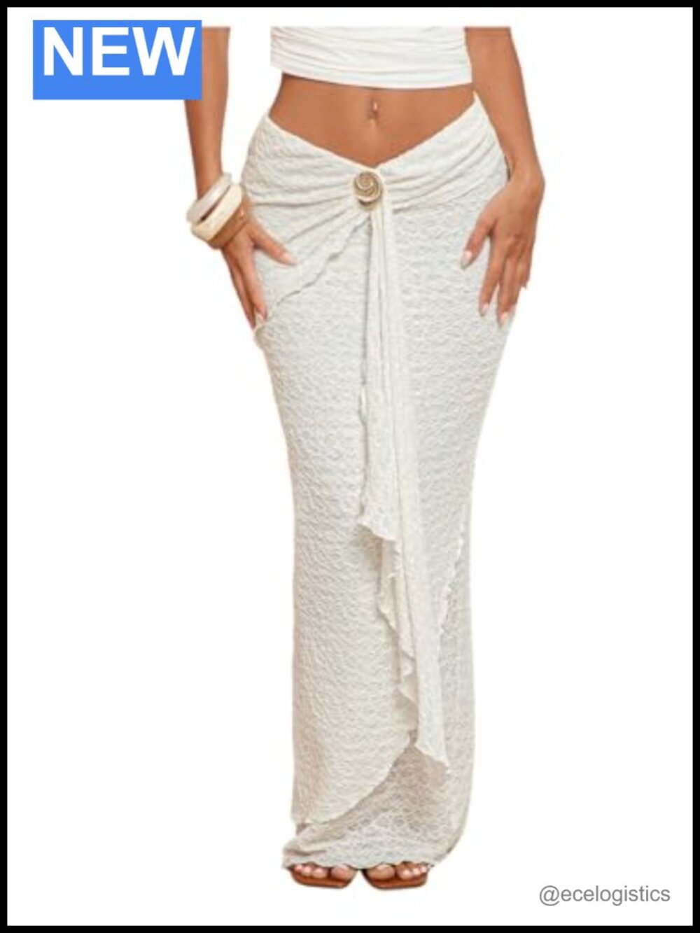 Textured Ruched Ruffle Trim Bodycon Maxi Skirt - Low Waisted Boho
